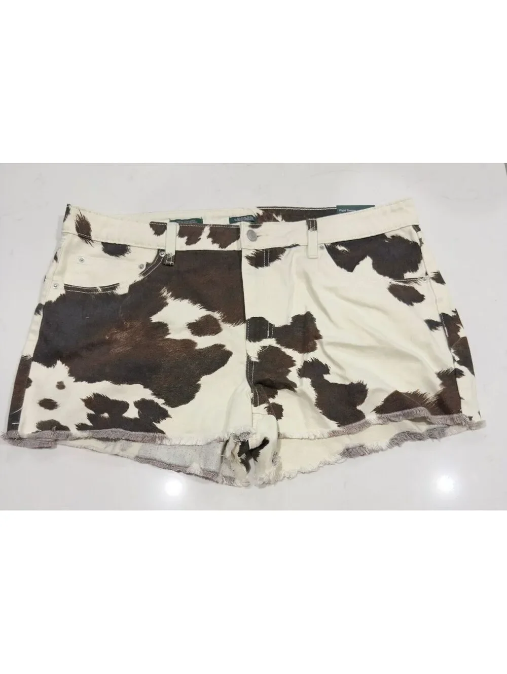 Wild Fable Brown Cream Cow Print Rigid Frayed Raw Denim Cutoff Shorts Size 16